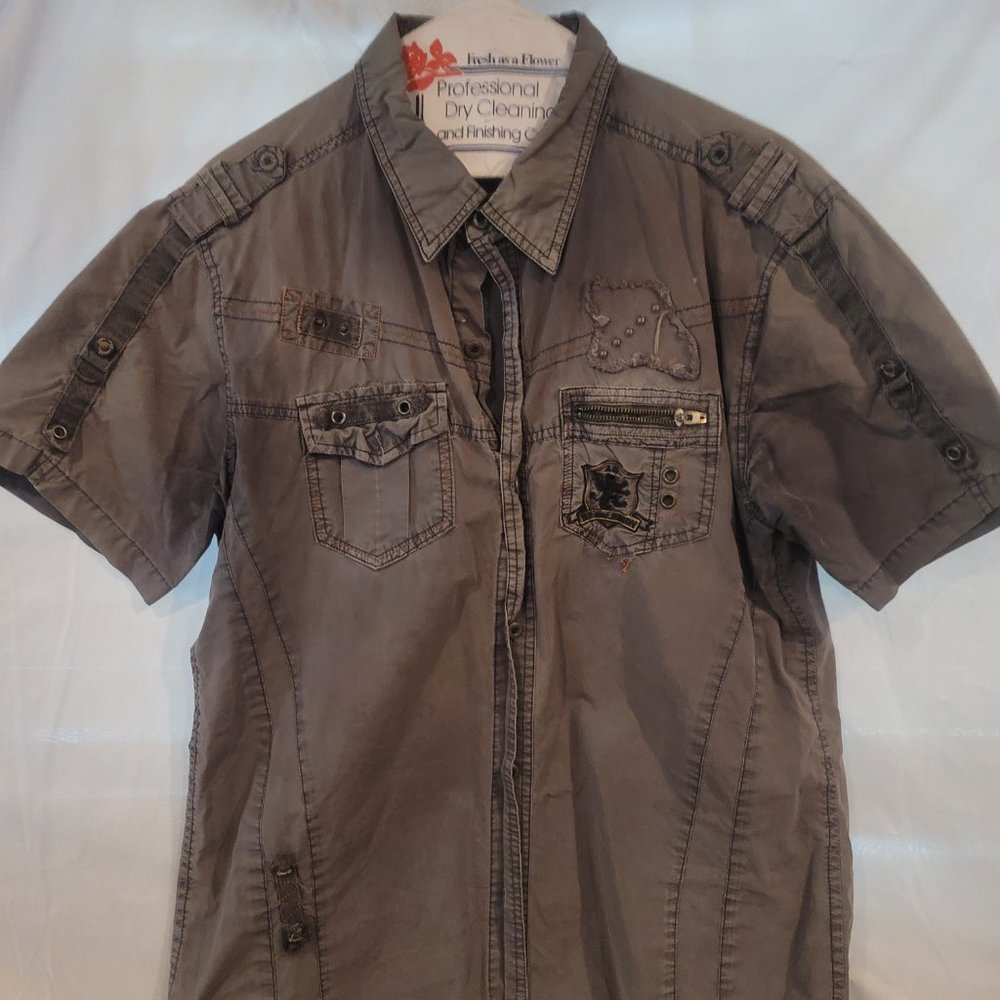 "Attitude Gold" Stonewashed Blue Button Down Shirt